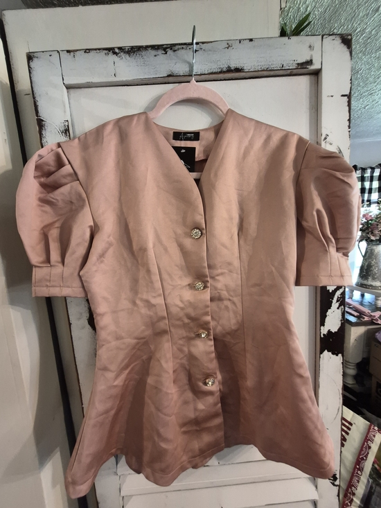 Source Unknown Tops - pink satin puff-sleeve peplum blouse adorned with decorative crystal button Down